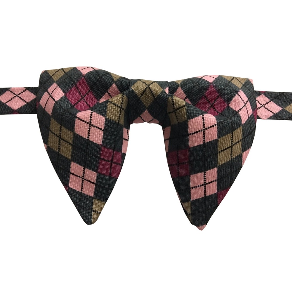 Pink Grey Argyle Pre-Tied Bow Tie Adjustable Neck Strap Pointed Butterfly Style